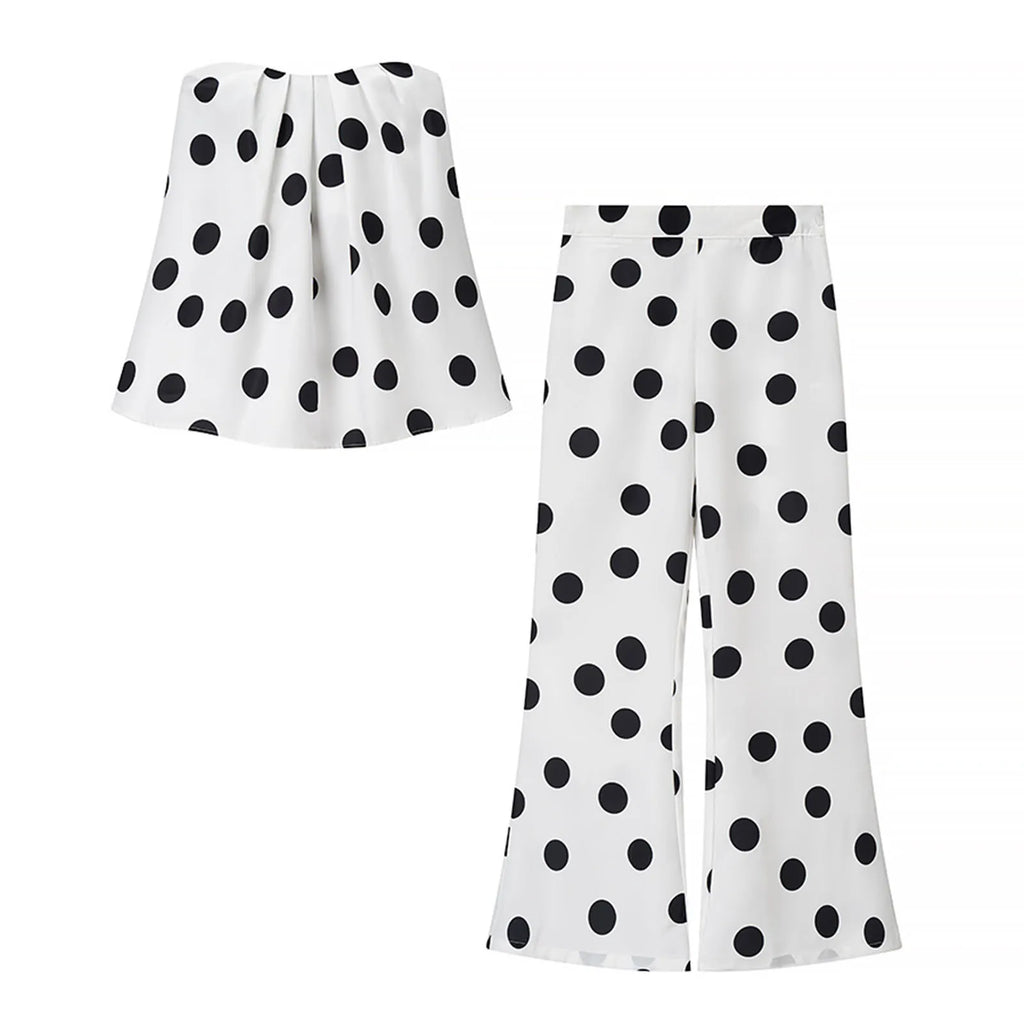 Dames Zomer Mouwloze Rugloze Polka Dot Tweedelige Set – Strapless Top & High-Waist Uitlopende Broek