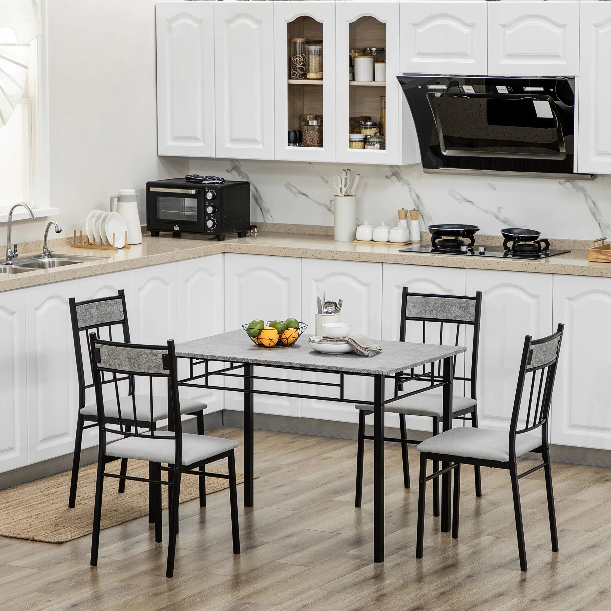 5-Piece Dining Room Set – Kitchen Table & 4 Chairs with Marble-Effect Top