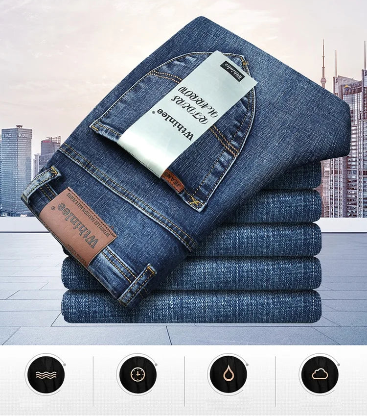 Top Brand Men’s Washed Jeans – High Waist Business Casual Denim Pants