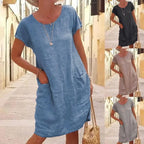 Plus Size 3XL Women Dress Casual Solid Color Short Sleeve Round Neck Pockets Loose Cotton Linen Dress Female Summer Robe