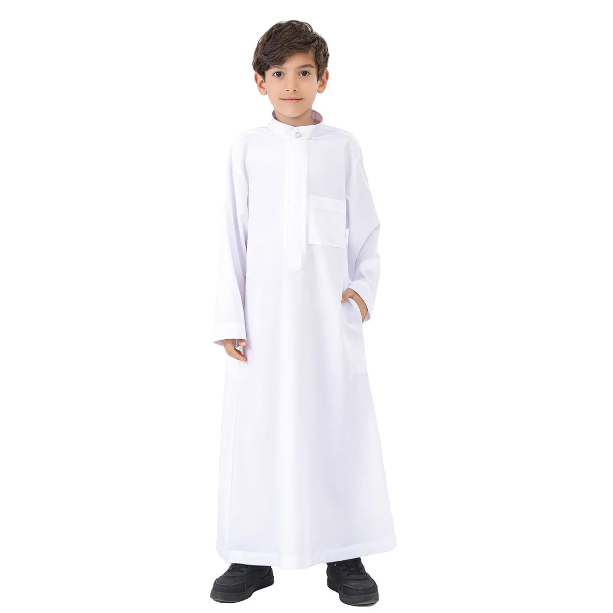Arab Boys Traditional Long Robe – Pure Color Stand Collar Muslim Clothing for Kids