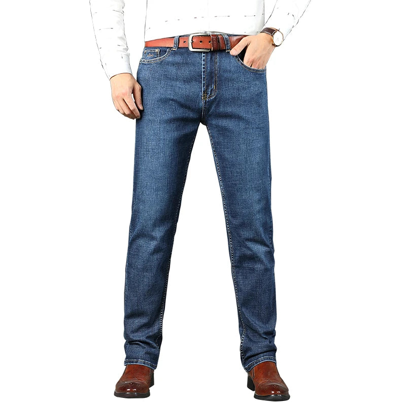 Top Brand Men’s Washed Jeans – High Waist Business Casual Denim Pants