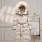 90% White Duck Down Long Coat – Women’s Korean Fashion Belted Parka with Real Fox Fur Hood