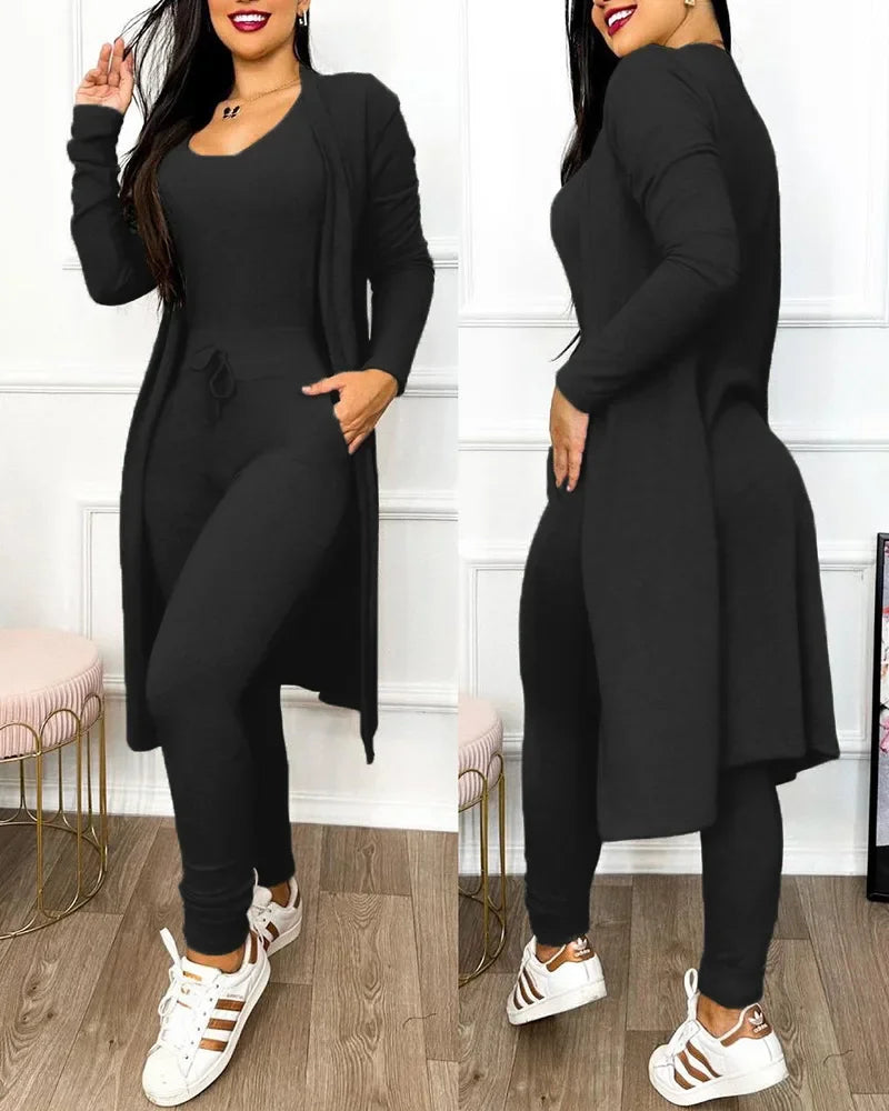 Drawstring Pocket Design Jumpsuit & Coat Set – Women’s Autumn Slim Fit Outfit