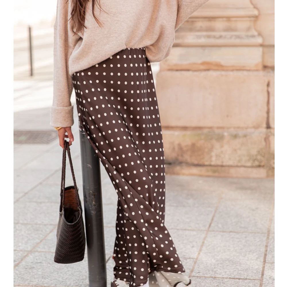 Women Vintage Polka Dot Maxi Skirt – A-Line Flowy Satin Style