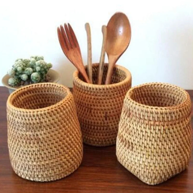 Household Rattan Organizer Basket – Tableware Storage for Chopsticks & Utensils