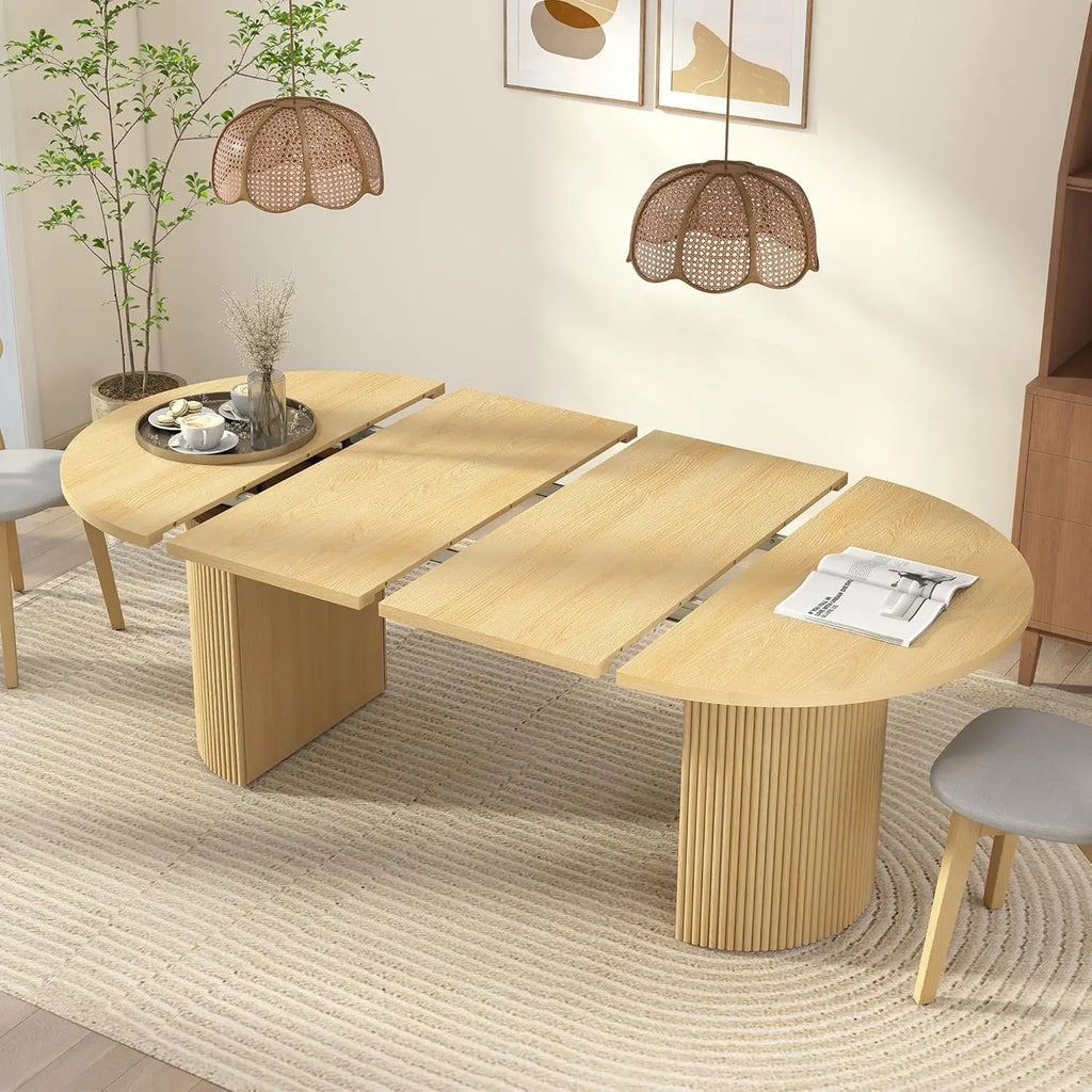 Table de cuisine ronde extensible avec piétement cannelé, style ferme moderne, table de salle à manger extensible de 104 cm à 198 cm pour 4 à 8 personnes