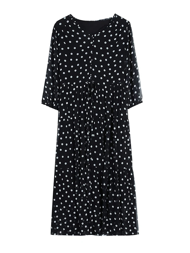 Summer Black Polka Dot Silk Midi Dress – Elegant Ruffled V-Neck Hepburn Style Party Dress
