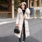 Elegant Winter Fur Hooded Down Jacket for Women – Thick Long Cotton Padded Parka