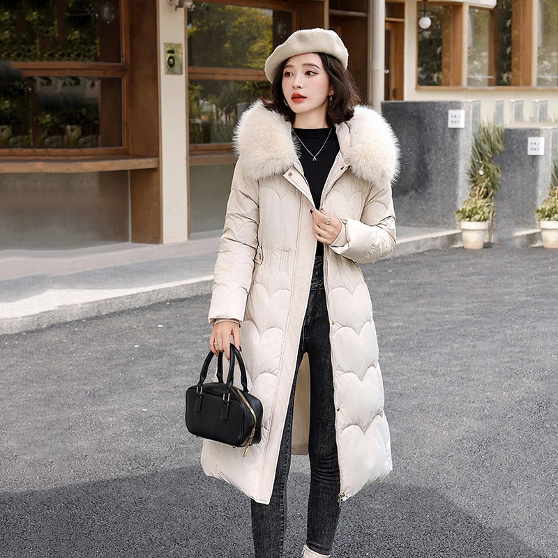 Elegant Winter Fur Hooded Down Jacket for Women – Thick Long Cotton Padded Parka