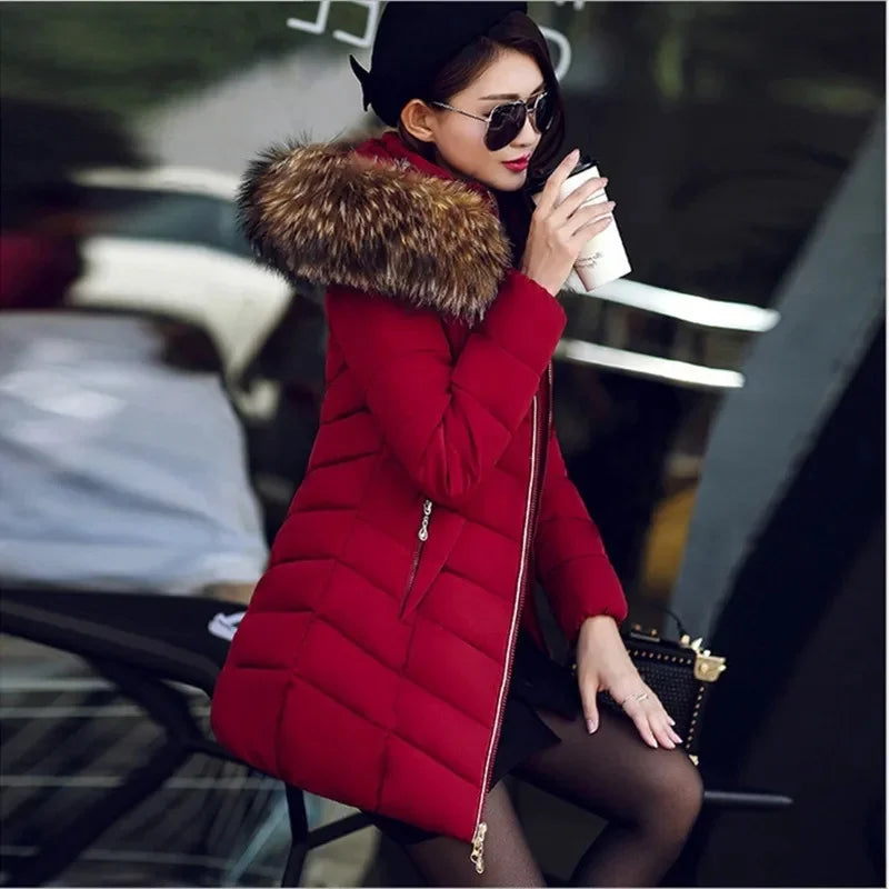 Women’s Winter Warm Fur Collar Parka – Elegant, Slim & Comfortable
