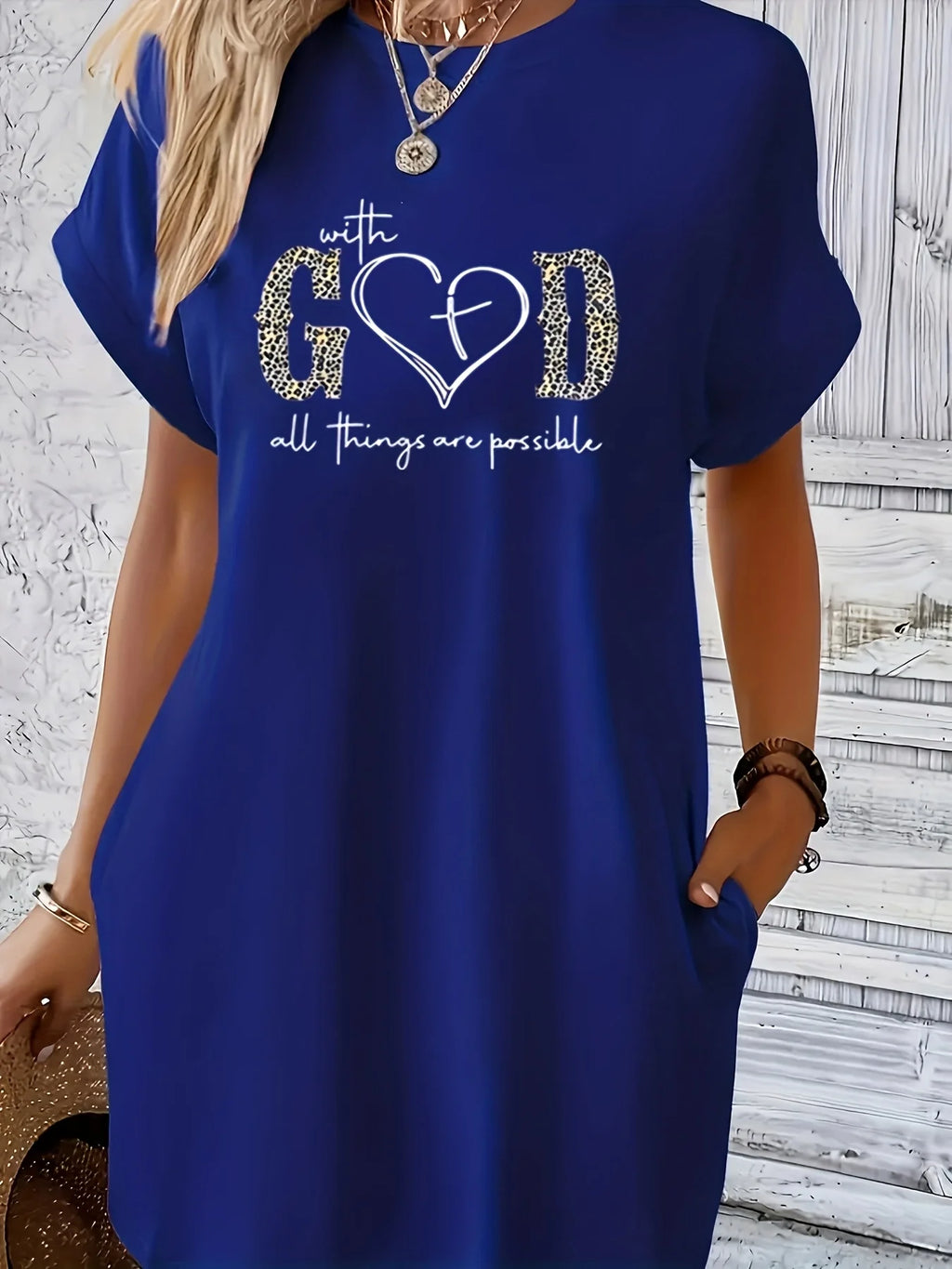 Women’s Casual Knit T-Shirt Dress with “GOD” Letter Print – Crew Neck Short Sleeve