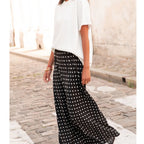 Women Vintage Polka Dot Maxi Skirt – A-Line Flowy Satin Style