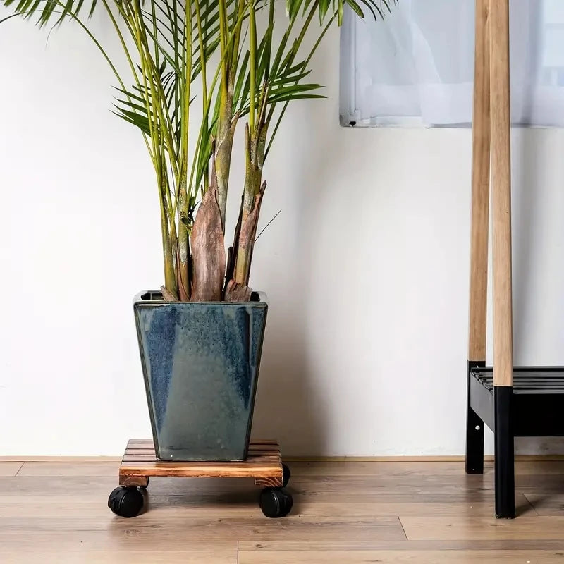 Solid wood thickened movable flower stand flower holder bonsai flower pot tray roller base stand with universal wheels