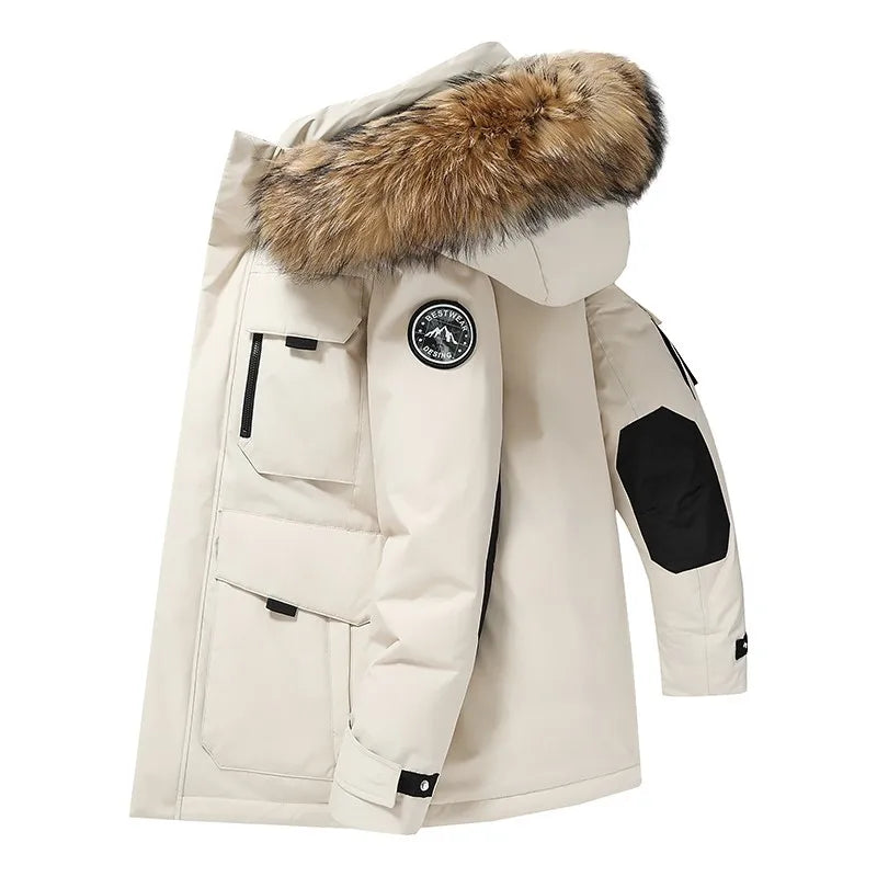 Men’s 90% White Duck Down Parka – Thick Warm Winter Coat with Detachable Fur Collar
