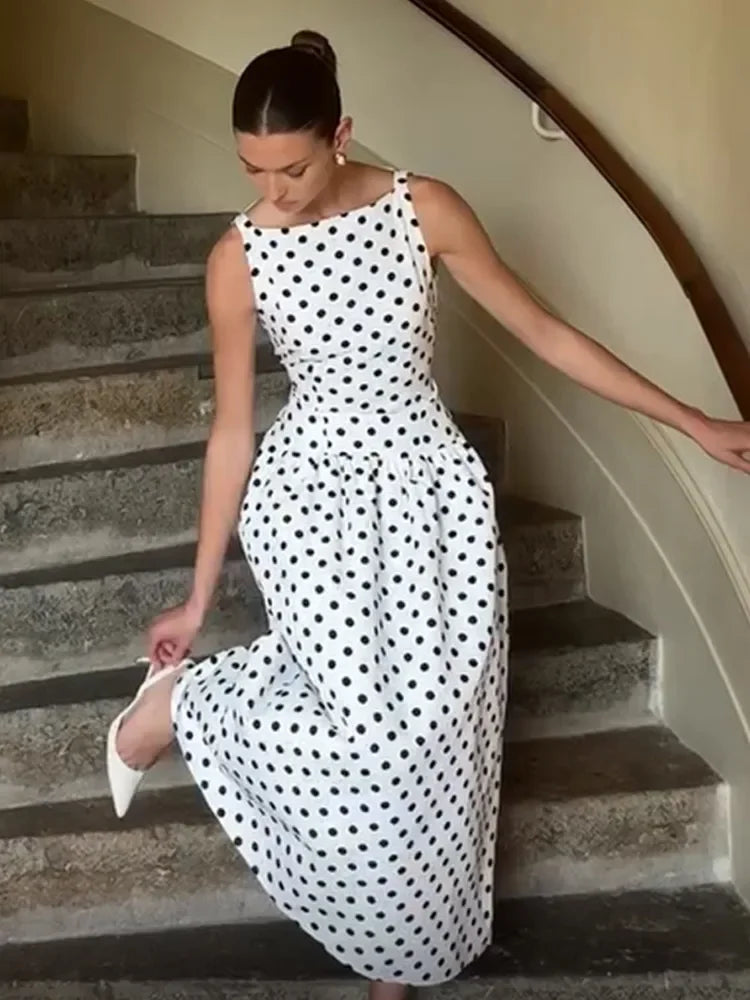 Robe longue élégante à pois pour femme – Robe de soirée sans manches taille haute évasée