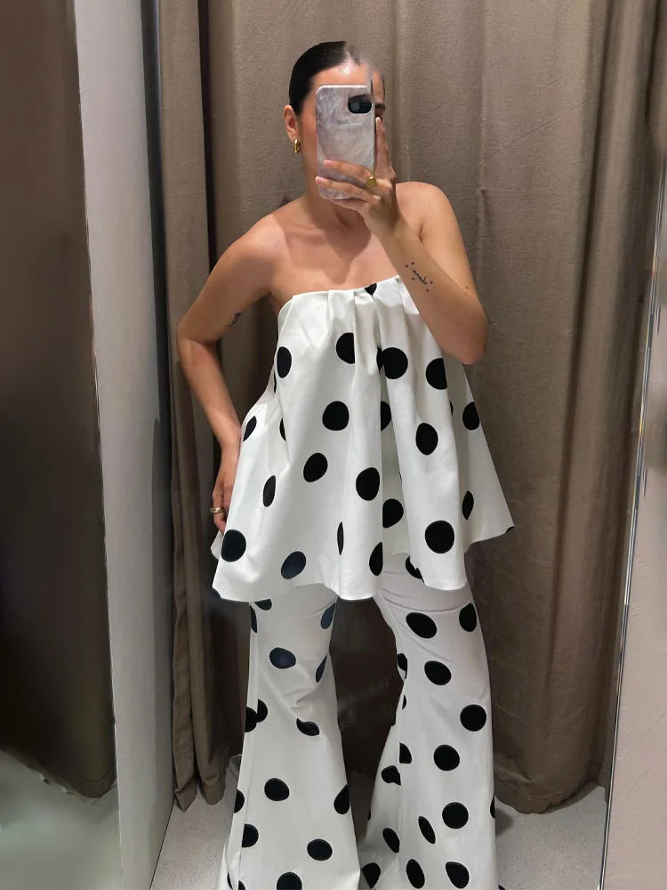 Dames Zomer Mouwloze Rugloze Polka Dot Tweedelige Set – Strapless Top & High-Waist Uitlopende Broek