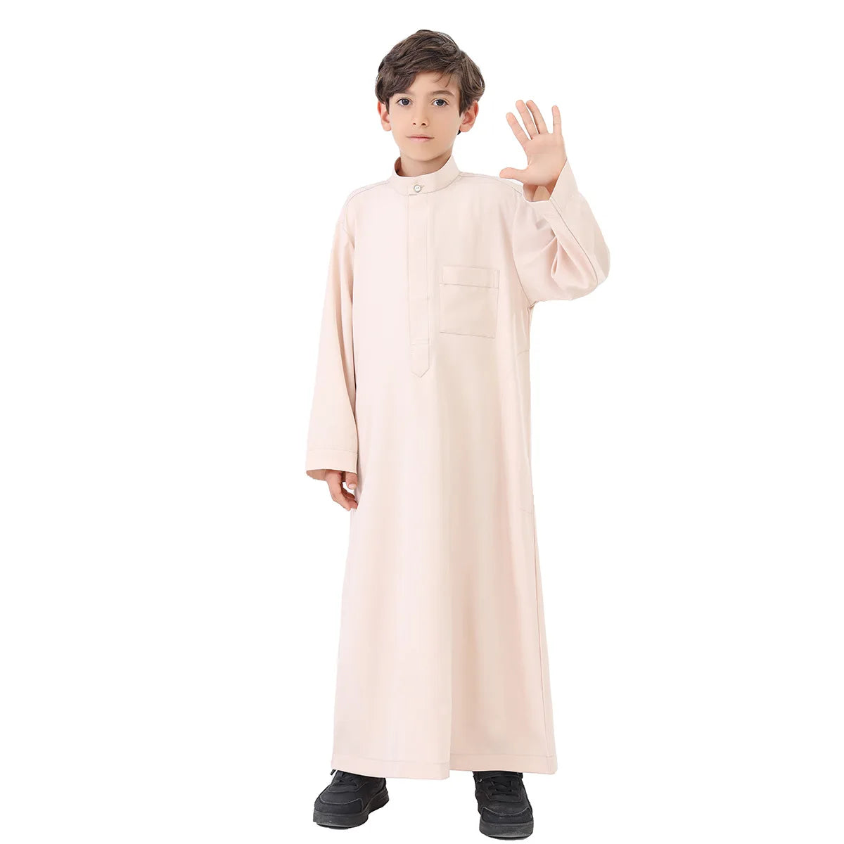 Arab Boys Traditional Long Robe – Pure Color Stand Collar Muslim Clothing for Kids