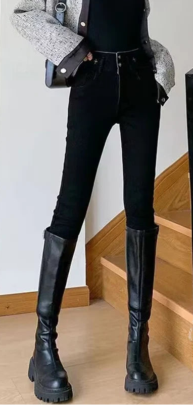 Winter Women’s Chic Fleece-Lined Straight Jeans – Warm High Waist Denim Pants