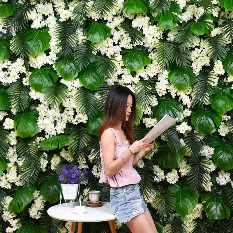 40X60cm 3D Artificial Green Plant Wall Panel – Realistic Grass Flower Wall Background Decor for Wedding, Garden & Outdoor Events