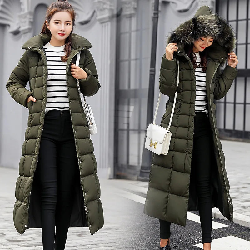 Winter Women’s Long Parka Coat – Fox Fur Collar with Bow Belt