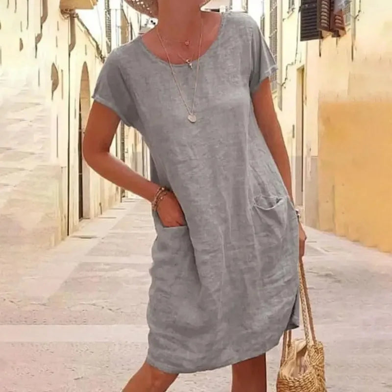 Plus Size 3XL Women Dress Casual Solid Color Short Sleeve Round Neck Pockets Loose Cotton Linen Dress Female Summer Robe