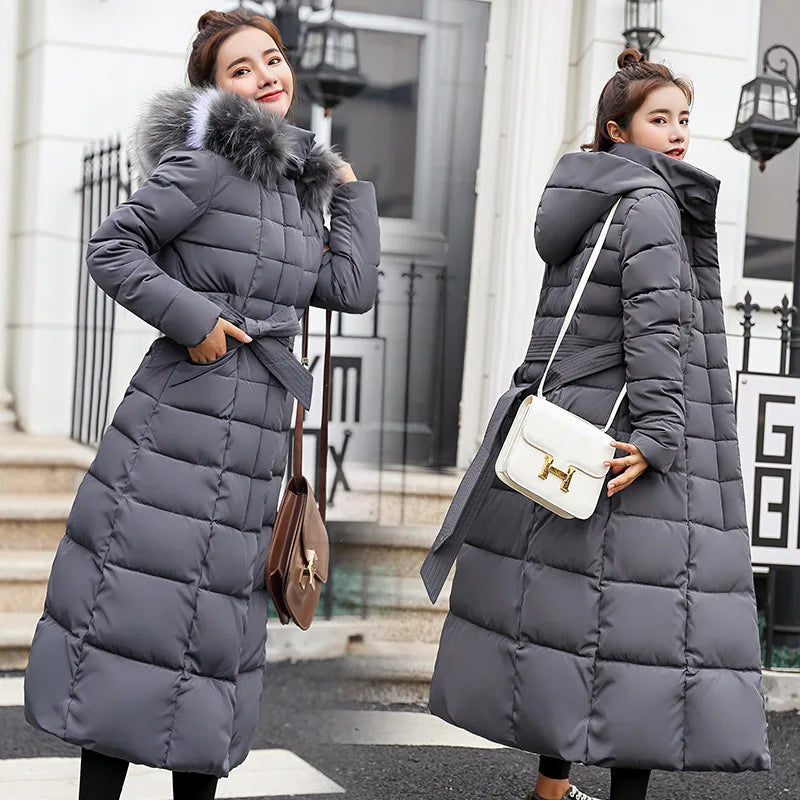 Winter Women’s Long Parka Coat – Fox Fur Collar with Bow Belt