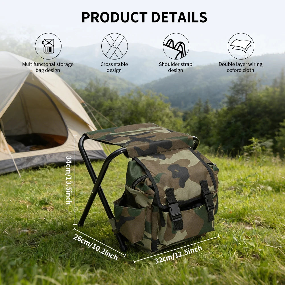Folding Camping Stool Backpack Chair – Portable Fishing Seat with Storage Bag