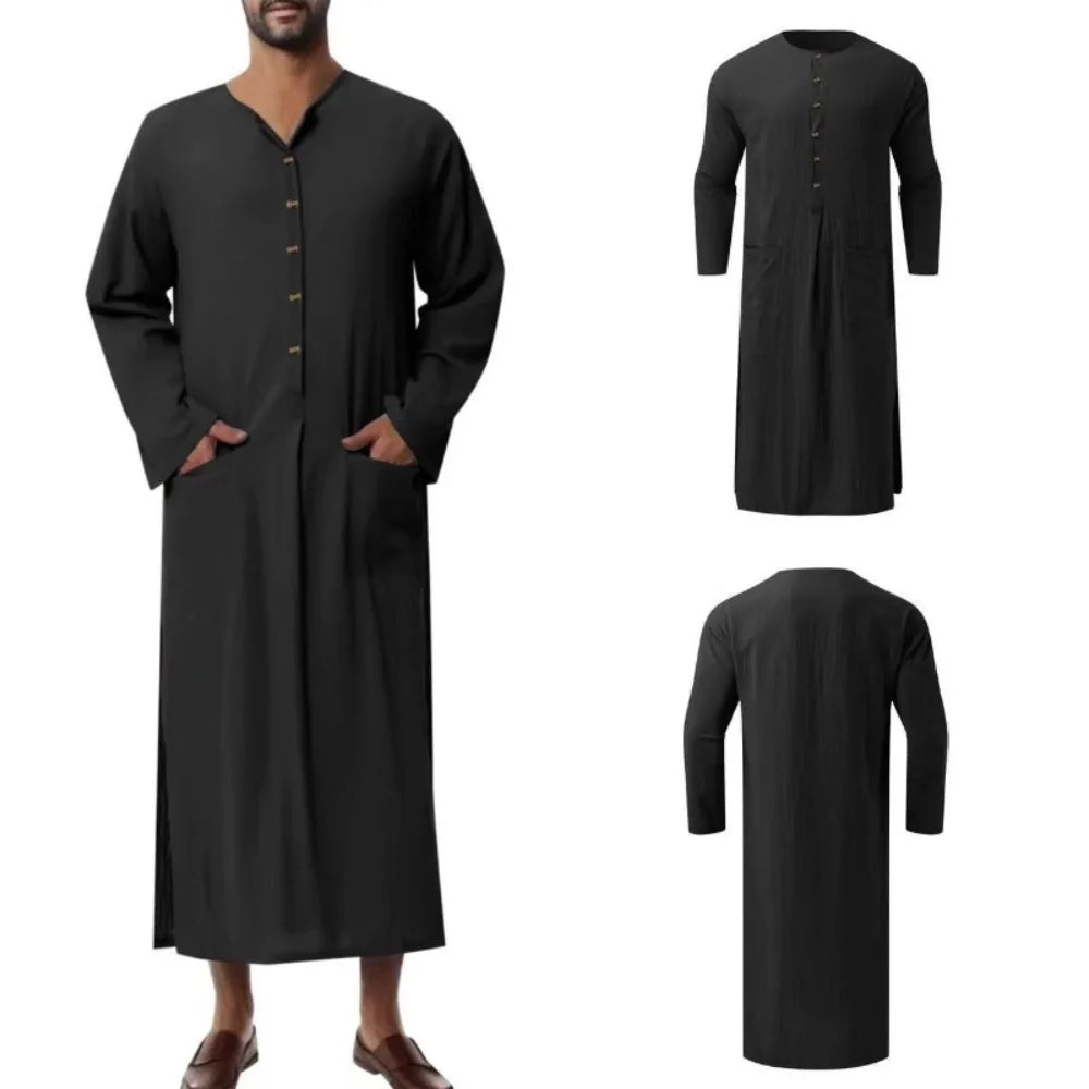 Middle Eastern Ethnic Men’s Robe Dubai Style Loose Stand Collar Long Sleeve Thobe – Traditional Islamic Casual Wear
