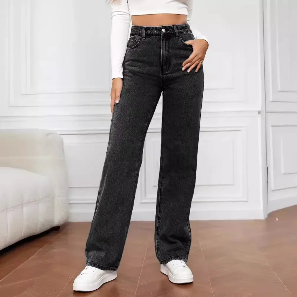 2000s Women’s High Waist Wide Leg Straight Jeans – Y2K Loose Fit Denim Trousers