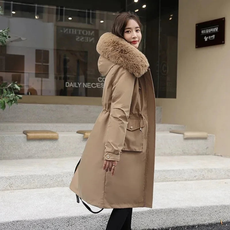 New Women’s Winter Parka – Fur Collar Hooded Mid-Length Coat with Removable Inner Liner