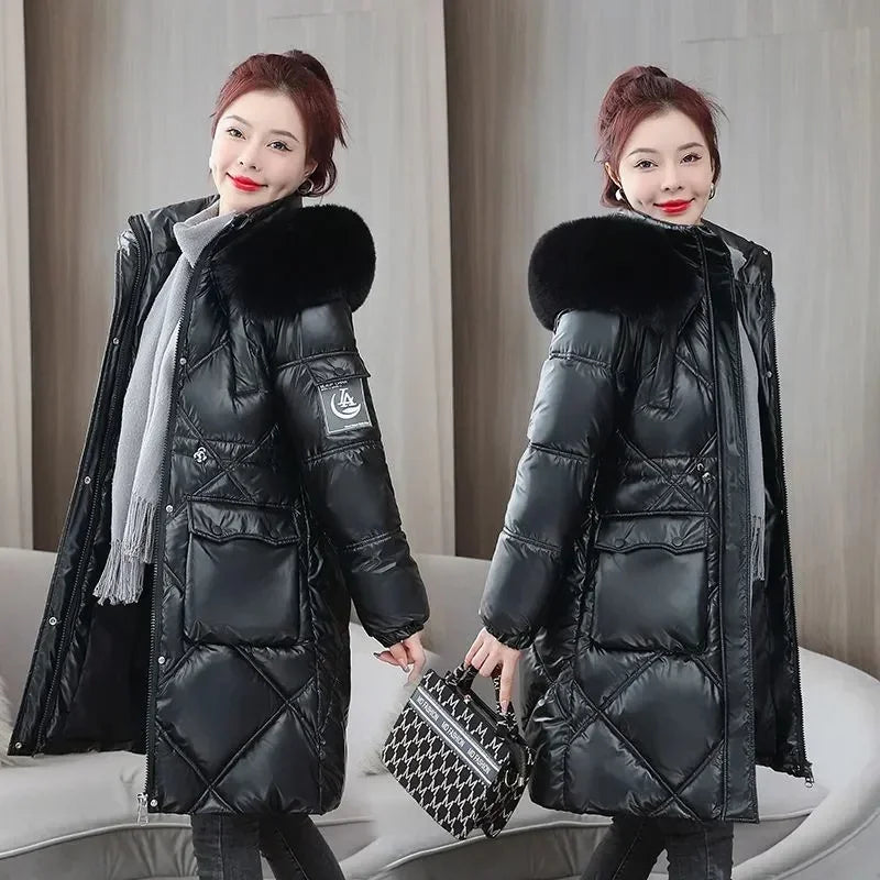 Women’s Champagne Winter Parka – Fur Collar Hooded Cotton-Padded Jacket