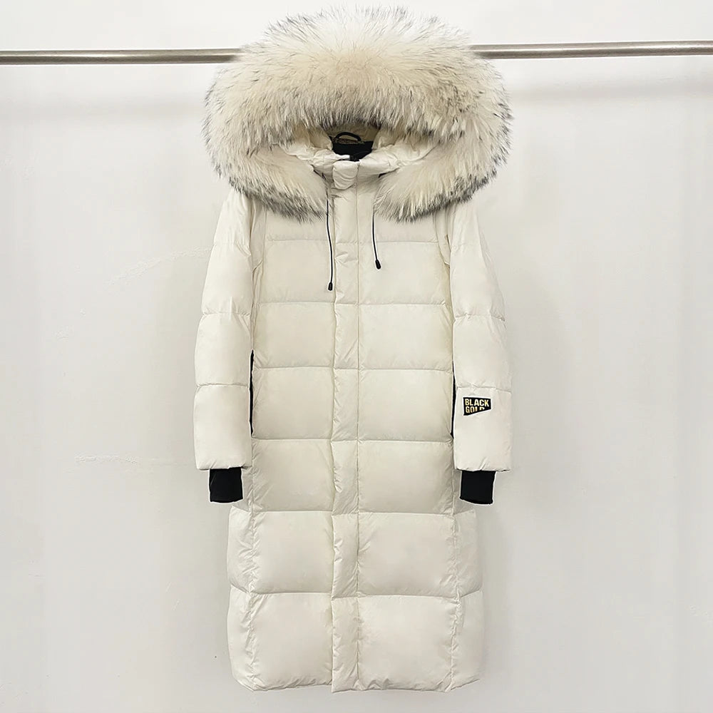 Reality Fur Over-the-Knee Puffer Jacket – Women’s Winter Coat with Raccoon Fur Hood
