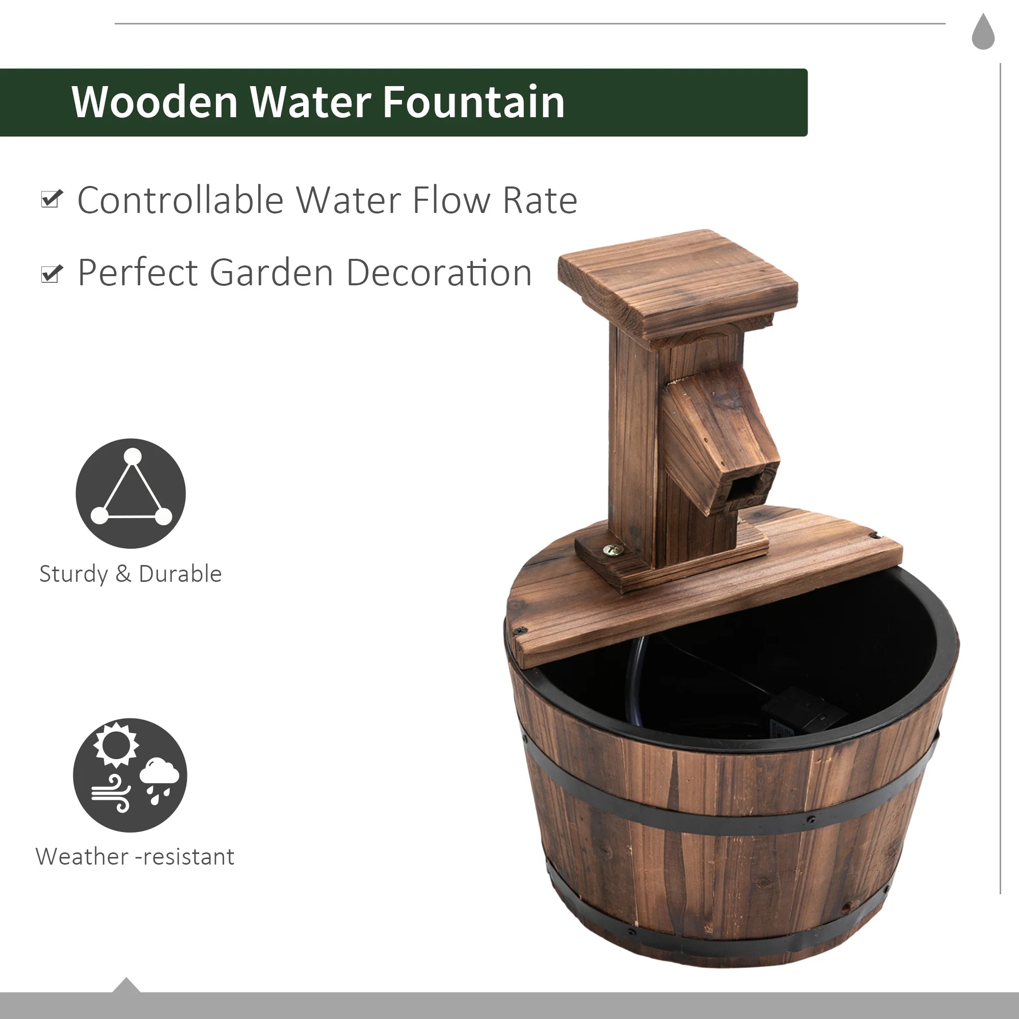 Outsunny Garden Wood Barrel Pump Patio Electric Water Fountain Deck Feature New