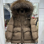 Fluffy Puffer Jacket for Women – Raccoon Fur & White Duck Down Winter Coat