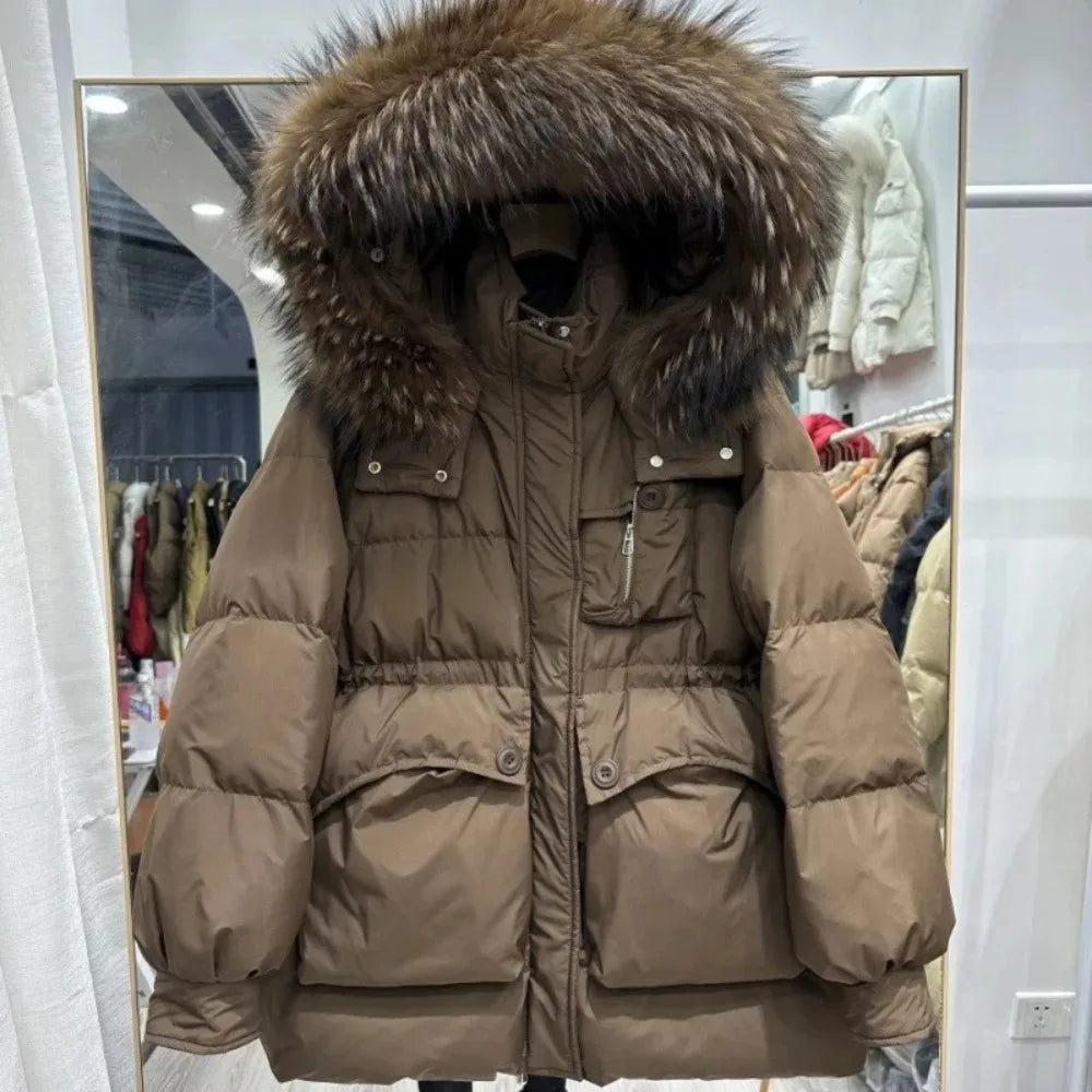 Mid-length Hooded Fluffy Puffer Jacket for Women – Real Raccoon Fur & White Duck Down Winter Coat