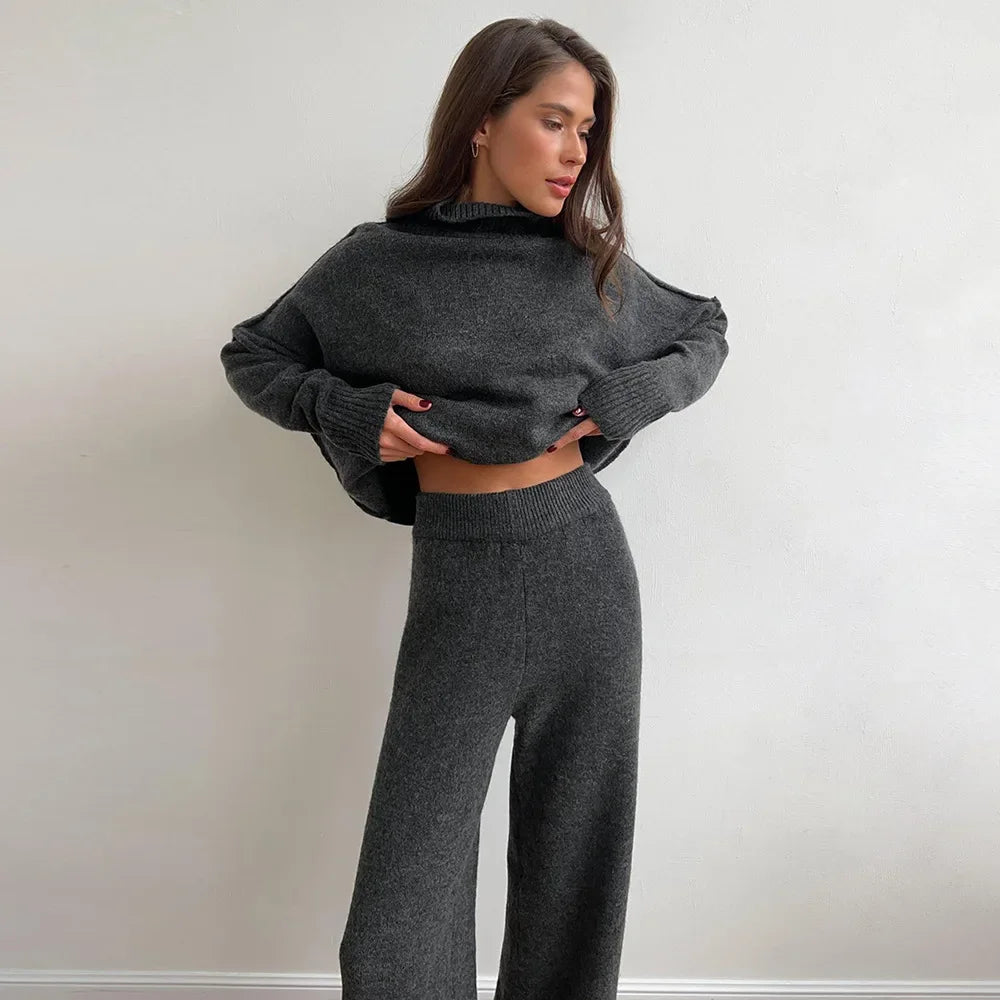 Women’s Turtleneck Knitted Sweater Set – Loose Casual Two-Piece Winter Outfit