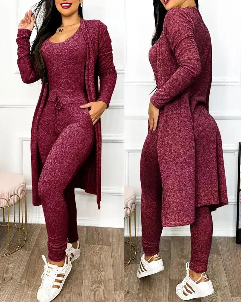 Drawstring Pocket Design Jumpsuit & Coat Set – Women’s Autumn Slim Fit Outfit