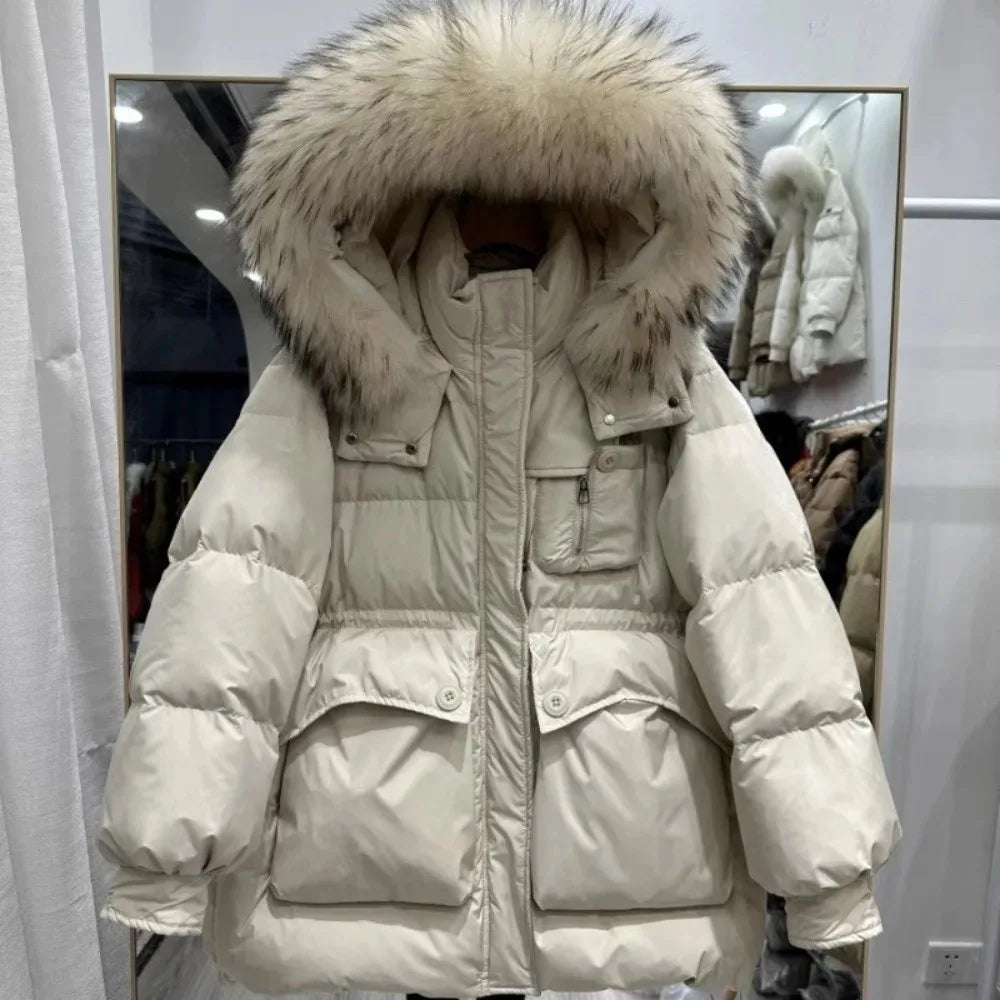Mid-length Hooded Fluffy Puffer Jacket for Women – Real Raccoon Fur & White Duck Down Winter Coat