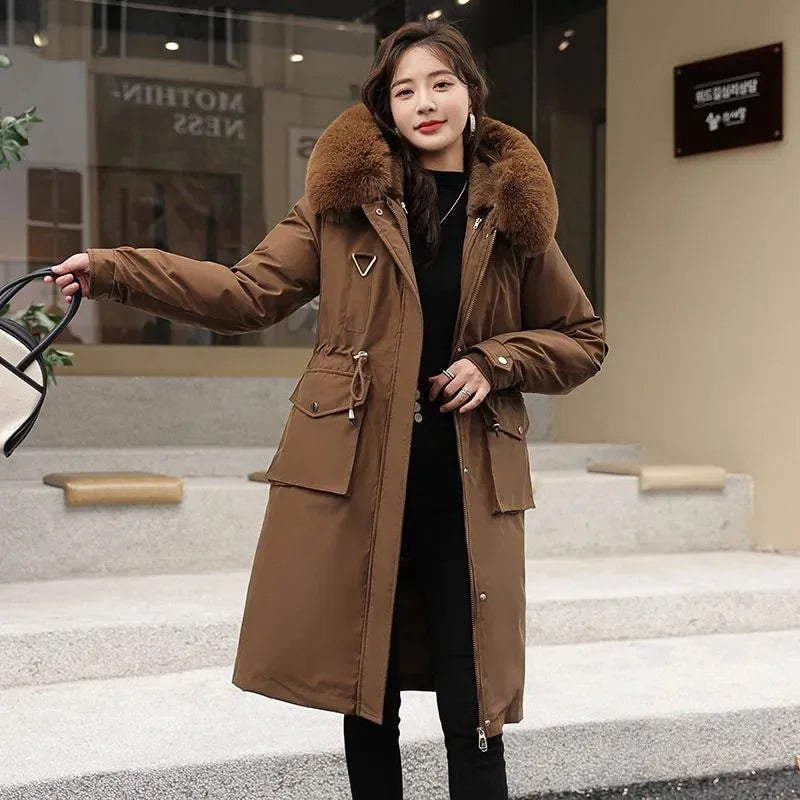 New Women’s Winter Parka – Fur Collar Hooded Mid-Length Coat with Removable Inner Liner
