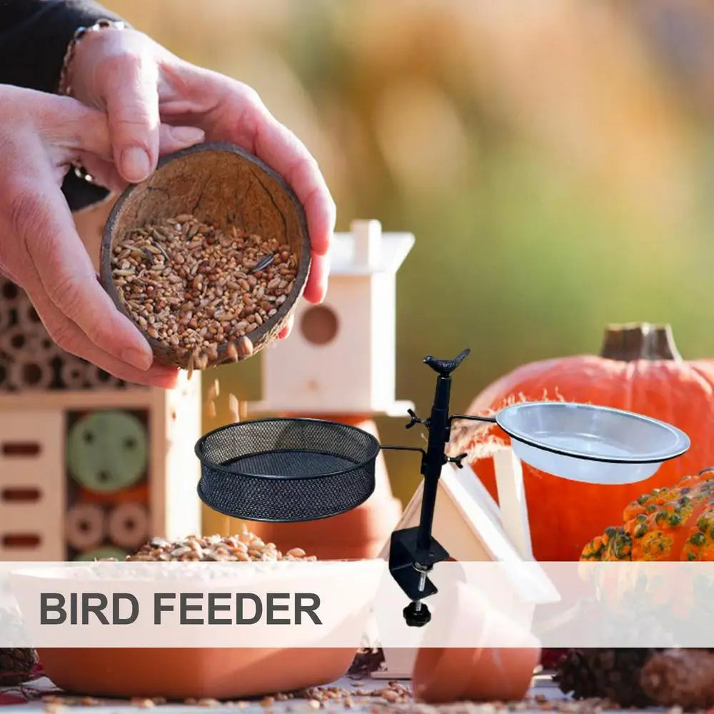 2-in-1 Deck Mounted Bird Feeder with Mesh Tray & Flower Pot Stand – 360° Rotating Feeding Station for Balcony, Deck & Garden Railings