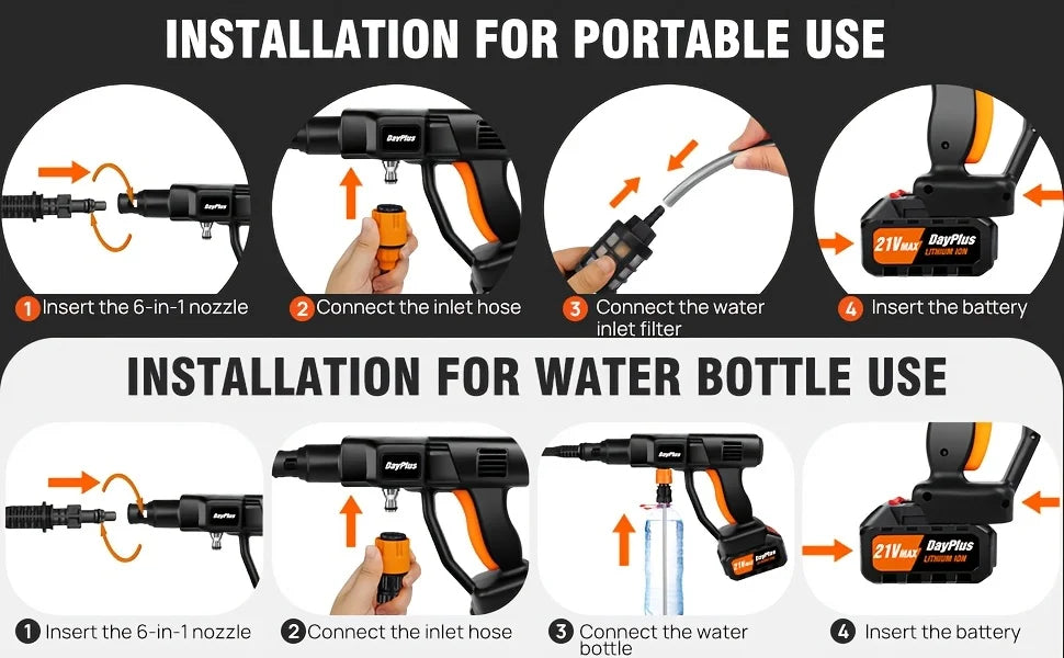 Cordless High Pressure Washer – Portable Car Washer with 2 21V Batteries & 6-in-1 Spray Nozzle