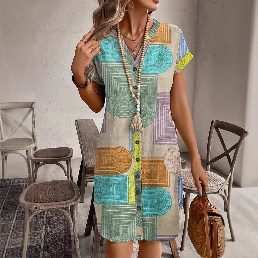Dames geometrische printjurk – Elegante V-hals met knoopsluiting (zomer)