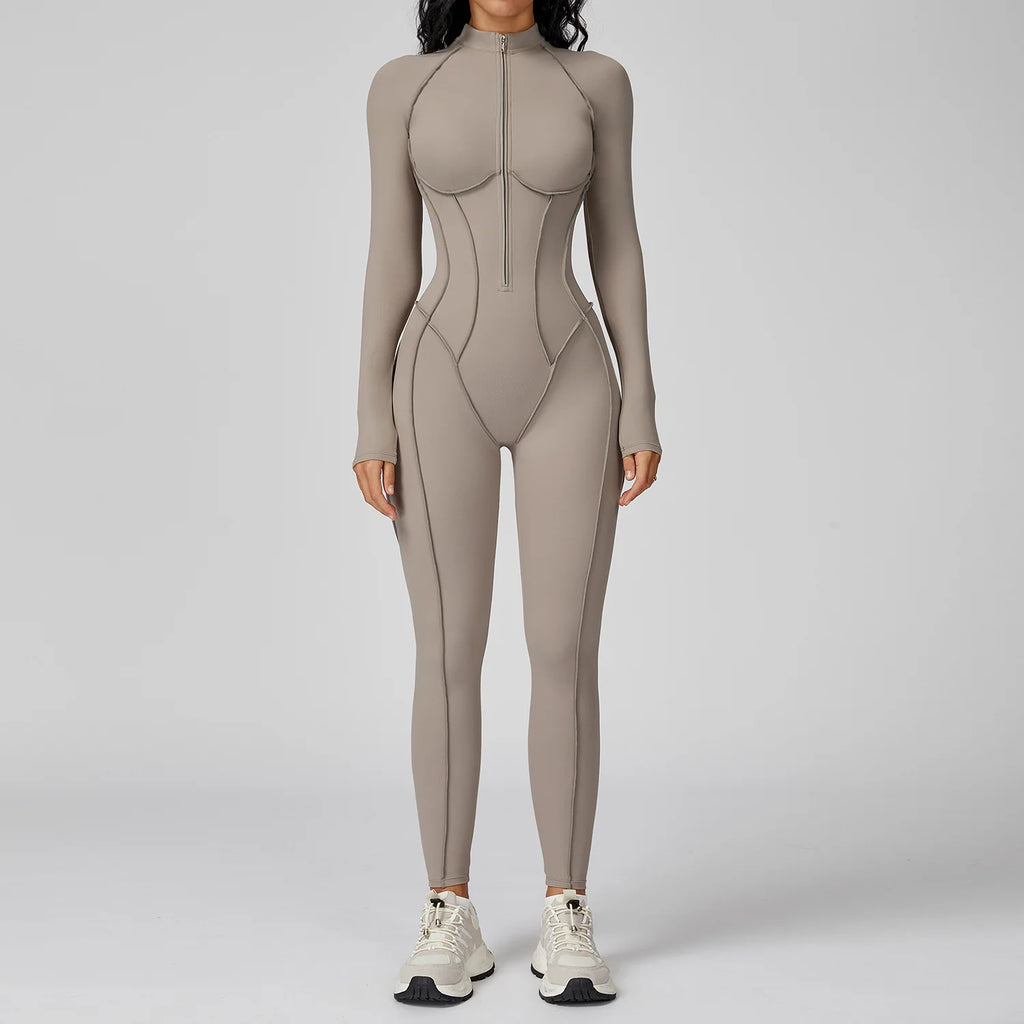 Body de yoga à manches longues pour femme – Combinaison de sport une pièce zippée