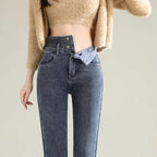 Winter Women’s Chic Fleece-Lined Straight Jeans – Warm High Waist Denim Pants