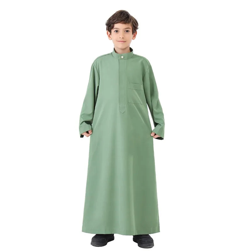 Arab Boys Traditional Long Robe – Pure Color Stand Collar Muslim Clothing for Kids