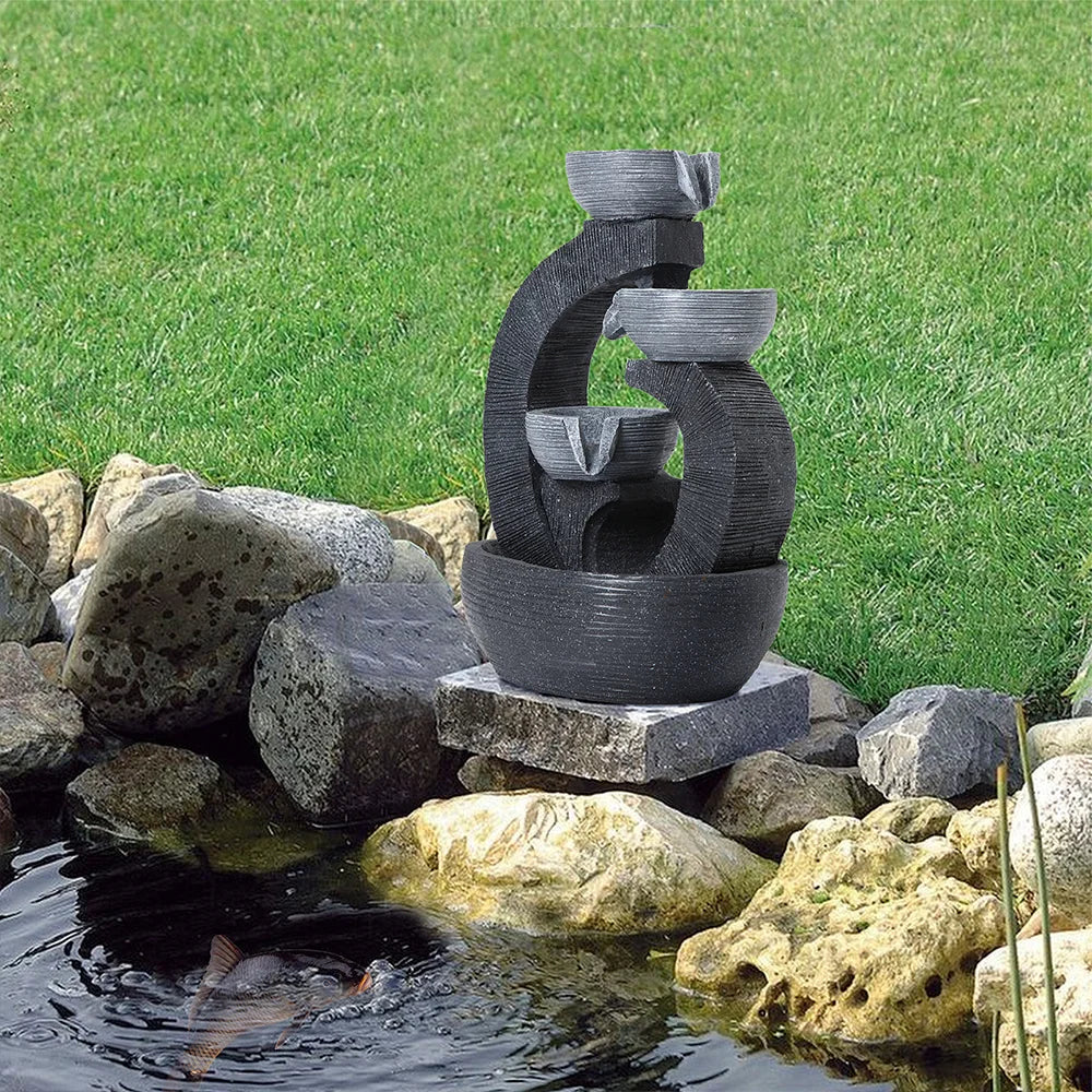 Rustic Outdoor Floor Water Fountain with LED Lights – Cascading Bowls for Patio