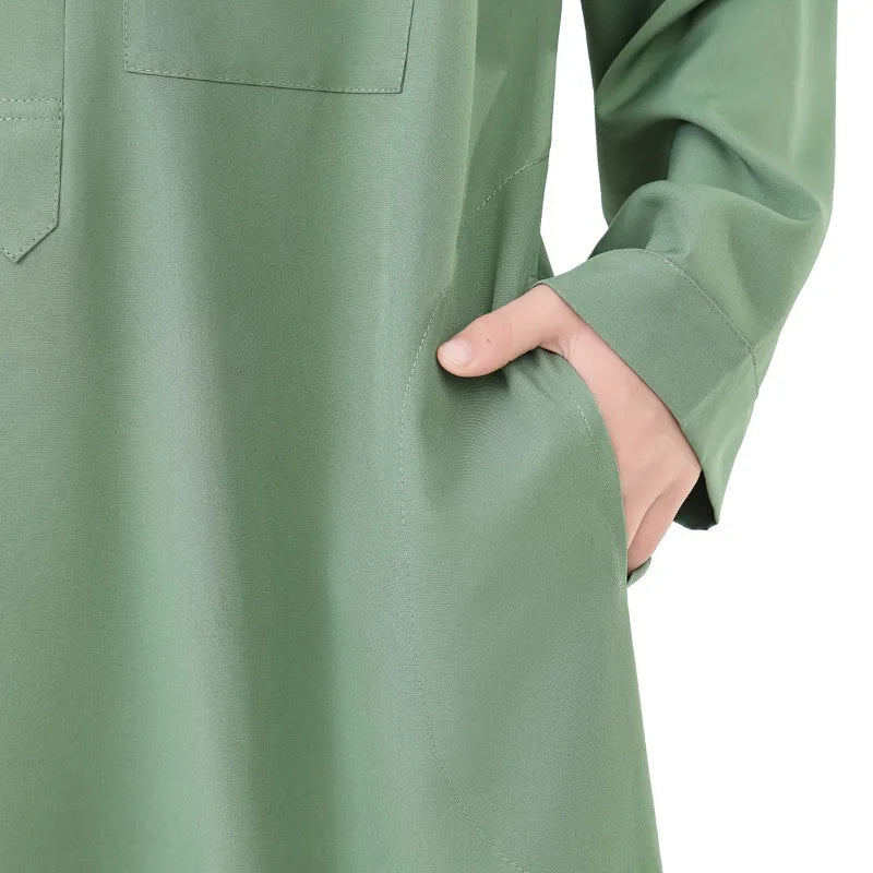 Arab Boys Traditional Long Robe – Pure Color Stand Collar Muslim Clothing for Kids