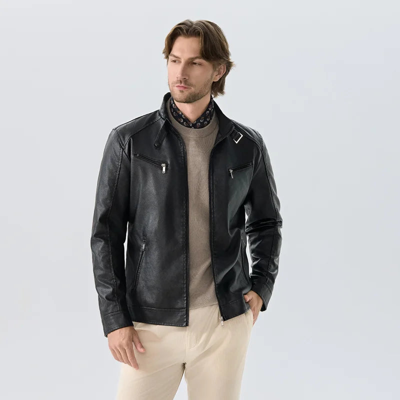 Men’s PU Leather Biker Jacket – Fleece Lined Casual Workwear