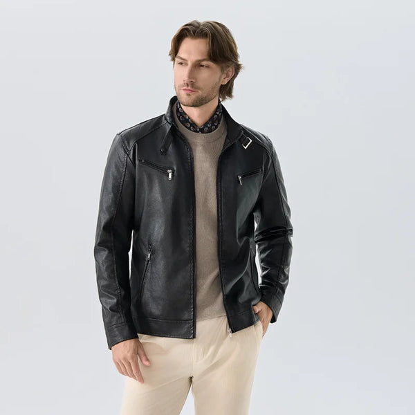 Men’s PU Leather Biker Jacket – Fleece Lined Casual Workwear